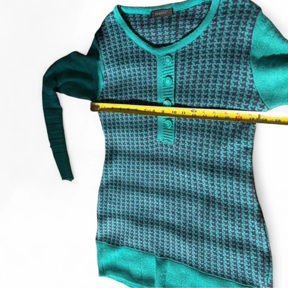 Vintage Teal Blue Henley Textured Geometric Knit Long Sleeve Tunic Sweater